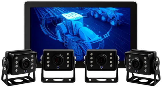 Sistema AGROVIEW completo: monitor de cabine e quatro câmeras com suporte