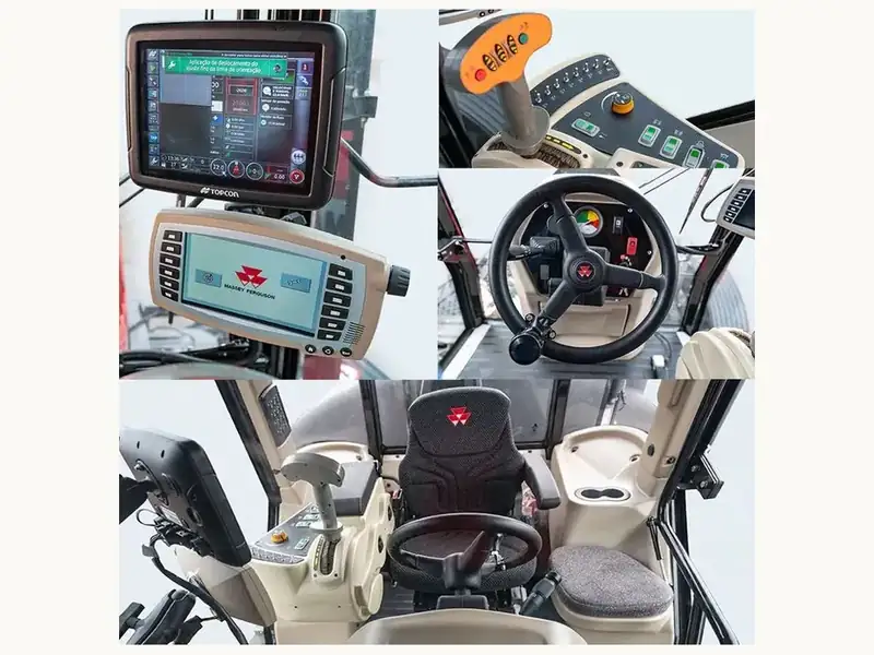 Monitor Topcon instalado de fábrica ao lado do console Massey Ferguson na cabine